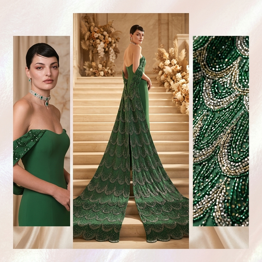 Emerald Peacock Cathedral Train Gown
