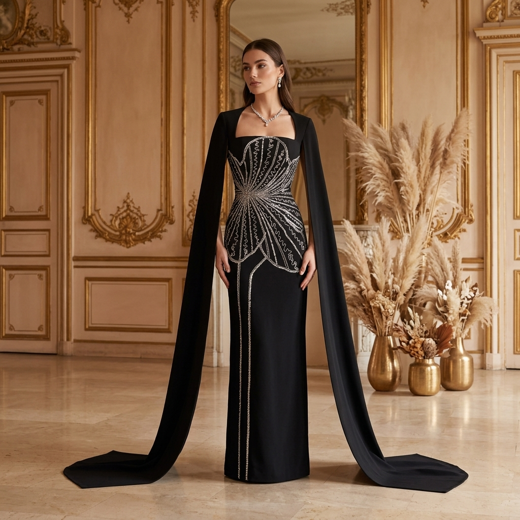 Onyx Starburst Cape Gown