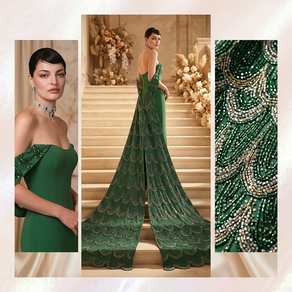 Emerald Peacock Cathedral Train Gown