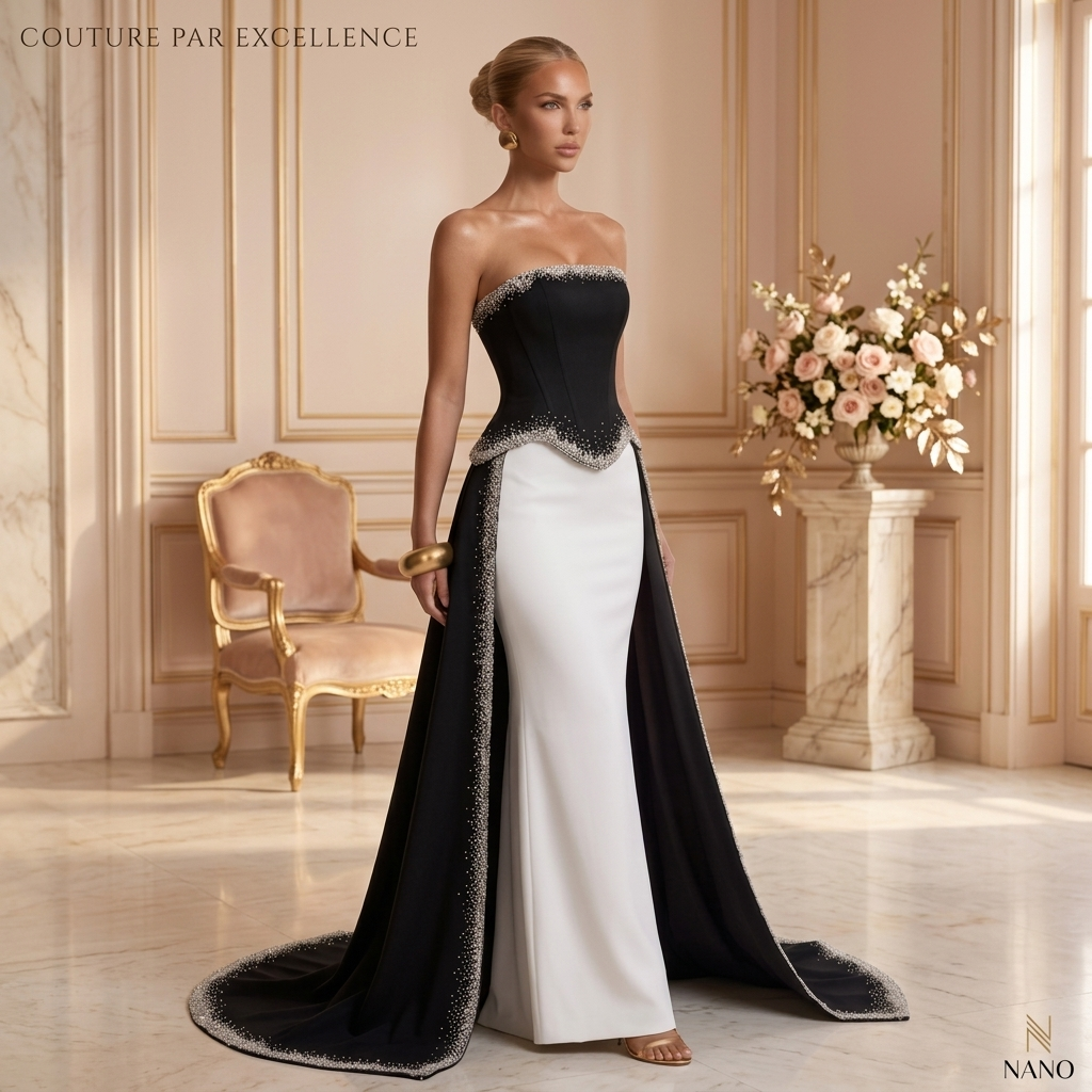 Veloria Monochrome Reverie Gown — Black & Ivory Beaded Couture