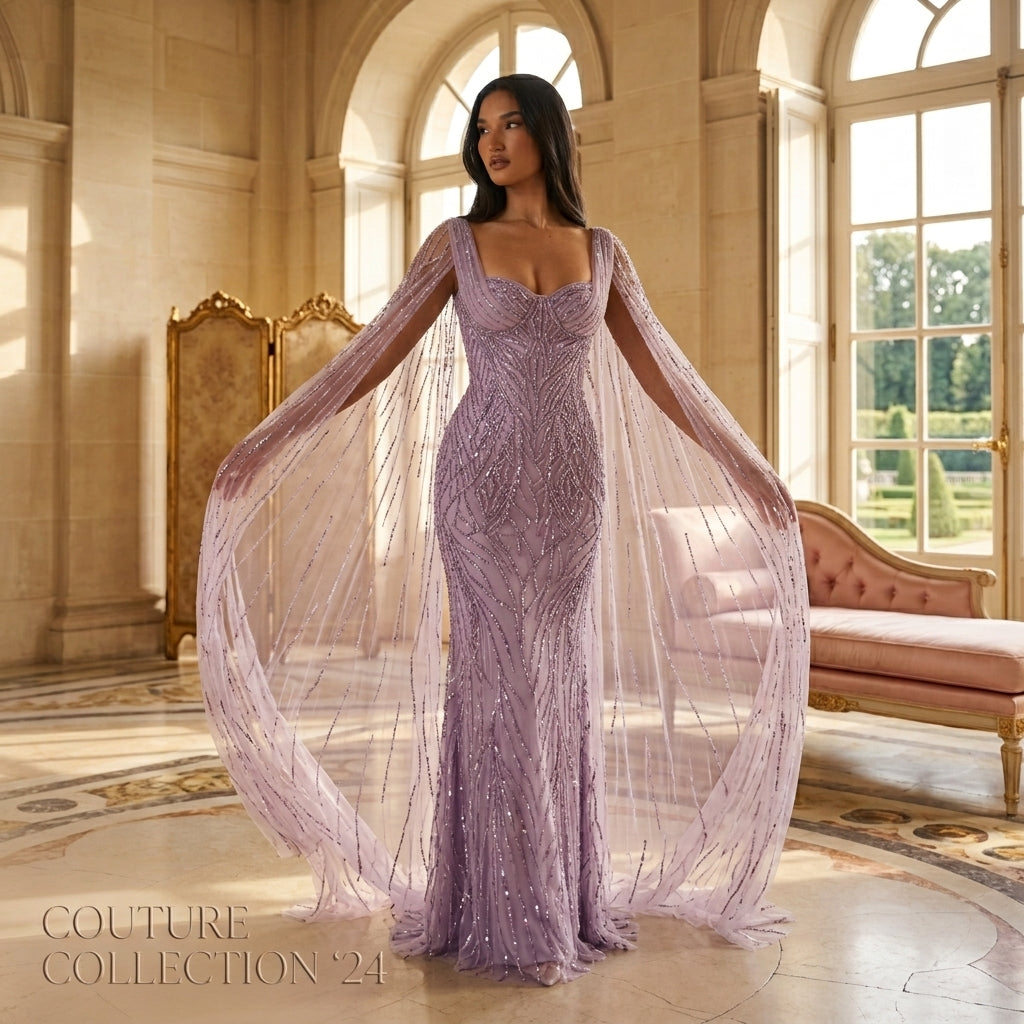 Veloria Lavender Constellation Gown — Beaded Cape Sleeve Couture