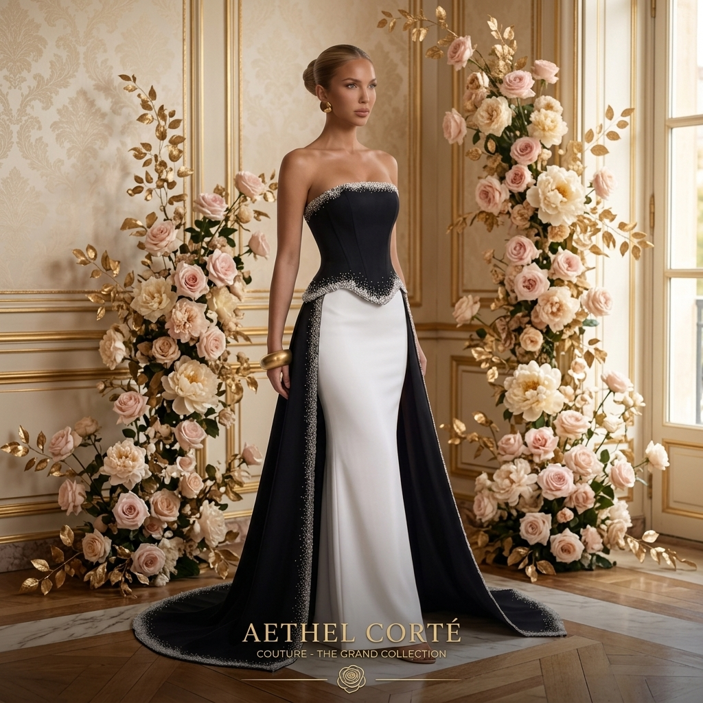 Veloria Monochrome Reverie Gown — Black & Ivory Beaded Couture
