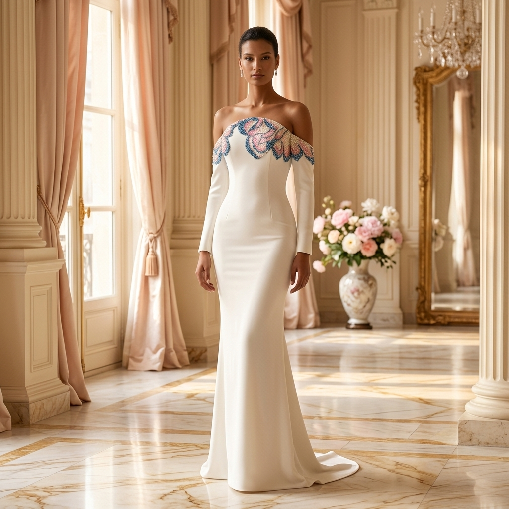 Ivory Bloom Off-Shoulder Mermaid Gown — ivory crepe long-sleeve mermaid gown with hand-beaded floral off-shoulder collar in blush and blue