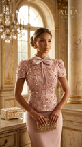 Veloria Camellia Bow Dress — Blush Floral Embroidered Couture