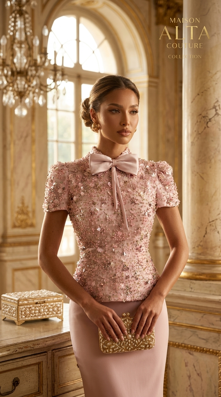 Veloria Camellia Bow Dress — Blush Floral Embroidered Couture