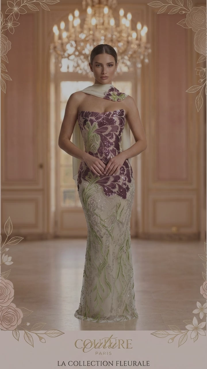 Veloria Botanical Reverie Gown — Mauve & Sage Embroidered Couture